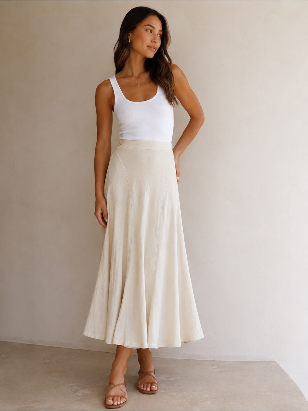 OGL Cotton Linen Wrinkle-Resistant Pull-On Midi Skirt – Size Small quiet luxury